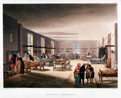Sala de mujeres en el Hospital Middlesex, Londres, 1808-1811 de Thomas Rowlandson, Augustus Charles Pugin