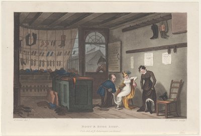 Tienda de Botas y Zapatos, de Bocetos Poéticos de Scarborough, 1813 de Thomas Rowlandson, Joseph Constantine Stadler, J. Bluck
