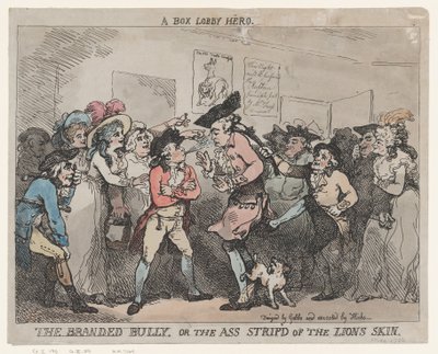 «Un héroe de los pasillos de las taquillas», «El matón marcado» o «El asno despojado de la piel del león». de Thomas Rowlandson