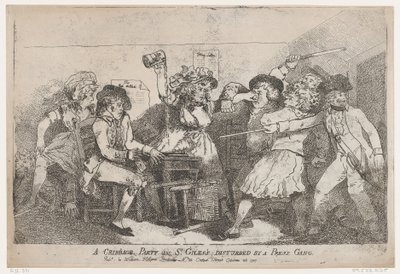 Una partida de cribbage en St. Giles interrumpida por una banda de prensa de Thomas Rowlandson