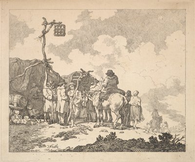 Una feria - Un grupo de gitanos - Hombres y mujeres con ropa rústica frente a dos improvisadas tiendas de Thomas Rowlandson