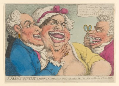 Un dentista francés mostrando un espécimen de sus dientes artificiales y paladares falsos, 1811 de Thomas Rowlandson
