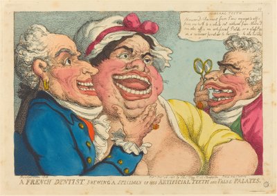 Un dentista francés mostrando un espécimen de sus dientes artificiales y paladares falsos de Thomas Rowlandson