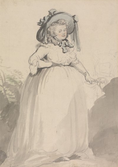 Una señora con un vestido blanco y un sombrero azul de Thomas Rowlandson