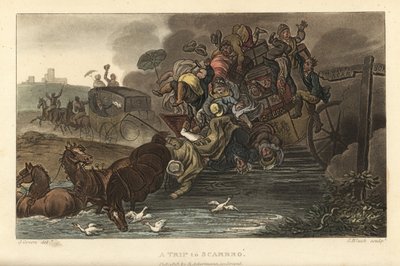 Un viaje a Scarbro: Un carruaje sobrecargado de equipaje y pasajeros entra en un estanque de Thomas Rowlandson