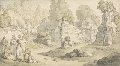 Escena de pueblo con figuras y edificios en ruinas de Thomas Rowlandson