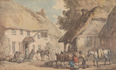 Una calle de un pueblo por la que se conduce a un rebaño de vacas y ovejas de Thomas Rowlandson