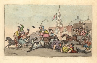 Carrera de carros en una ciudad inglesa con un accidente en primer plano de Thomas Rowlandson