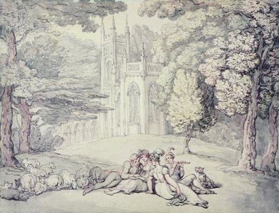 Un verde universitario con un grupo de damiselas y jóvenes caballeros en primer plano, c.1810-15 de Thomas Rowlandson
