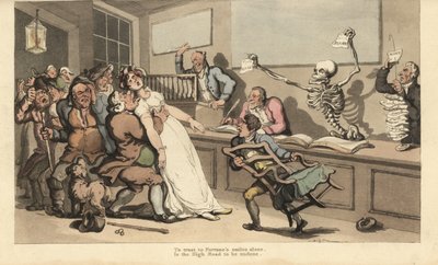 Una mujer expira de shock al ver un papel en blanco brandido por el esqueleto de la Muerte en una Oficina de Lotería. Grabado en cobre coloreado a mano por Thomas Rowlandson de The English Dance of Death, Ackermann, Londres de Thomas Rowlandson