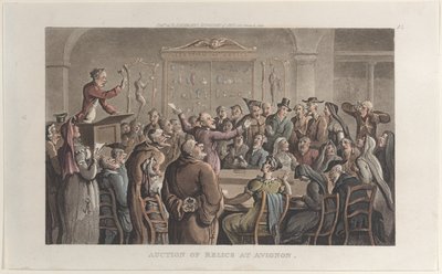 Subasta de reliquias en Aviñón, del Diario de viajes sentimentales en las provincias del sur, 1821 de Thomas Rowlandson