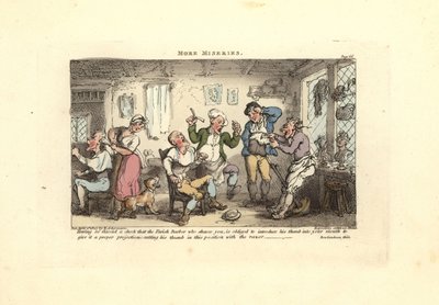 Barbero cortándose el pulgar al intentar afeitar a un cliente de Thomas Rowlandson