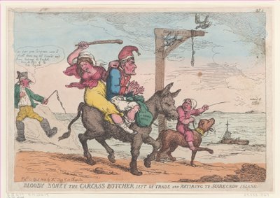 Bloody Boney el Carnicero Carroñero Izquierdo del Comercio y Retirándose a la Isla del Espantapájaros, 12 de abril de 1814 de Thomas Rowlandson