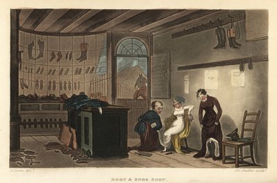Tienda de botas y zapatos: Mujeres clientes probándose zapatos y botas en el zapatero de Leatherhead. Grabado en cobre coloreado a mano por Thomas Rowlandson, aguafuerte por J.C. Stadler, después de un boceto de J. Green de Poetical Sketches of Scarborough de Thomas Rowlandson
