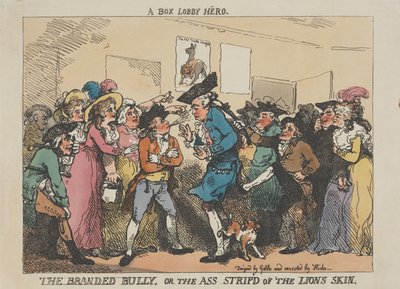 El héroe del vestíbulo del boxeo, el matón marcado o el asno despojado de la piel del león de Thomas Rowlandson