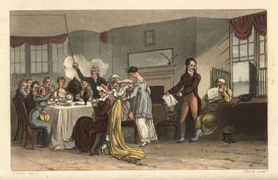 Sala de desayunos del Old Bell Inn, Scarborough. Huéspedes bebiendo café, leyendo periódicos, desayunando en una sala de la Regencia. Grabado en cobre coloreado a mano por Thomas Rowlandson, aguafuerte por J. Bluck, basado en un boceto de J. Green de Poeti de Thomas Rowlandson