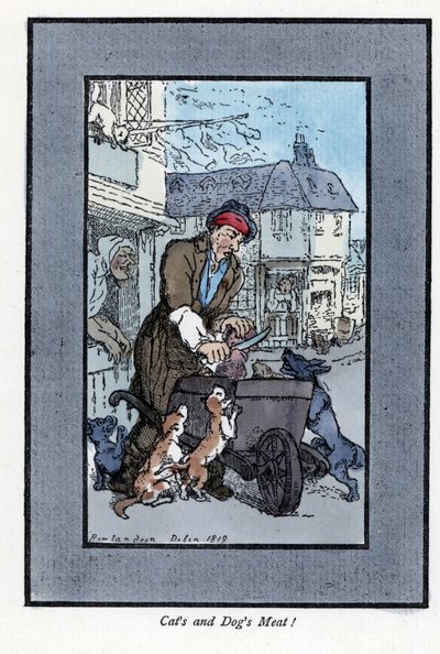 Carnicero itinerante cortando un trozo de carne, atacado por perros y gatos de Thomas Rowlandson