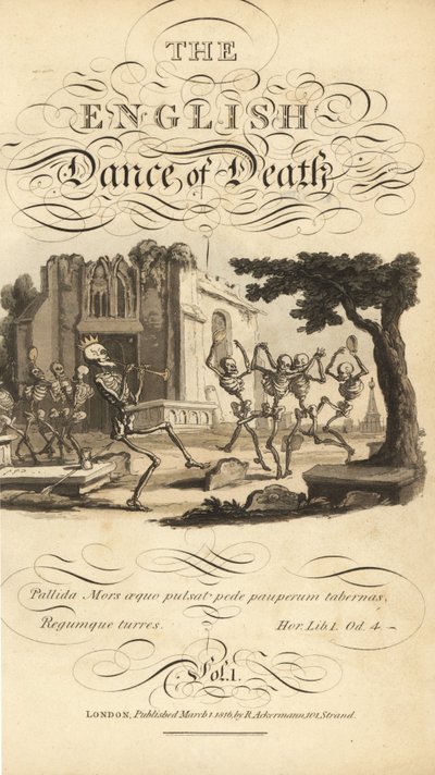 Título caligráfico y viñeta de esqueletos bailando con panderetas y cuernos en un cementerio cerca de una iglesia en ruinas de Thomas Rowlandson
