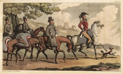 Capitán Johnny Newcome y sus sirvientes con caballos de carga en el camino a Santarém, Portugal, para regresar a la Campaña Peninsular de Thomas Rowlandson
