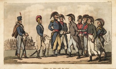 El capitán Johnny Newcome en servicio como ayudante de campo del duque de Wellington durante la campaña peninsular. Ilustración de Thomas Rowlandson de Las aventuras militares de Johnny Newcome, Martin, Londres de Thomas Rowlandson