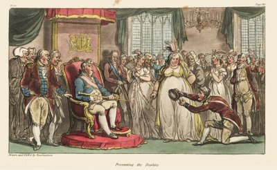 El capitán Johnny Newcome presentando los trofeos de guerra, el sombrero del rey José Bonaparte y el bastón del mariscal Jean-Baptiste Jourdan, al príncipe regente en Carlton House. Ilustración de Thomas Rowlandson de Las aventuras militares de Johnny Newc de Thomas Rowlandson
