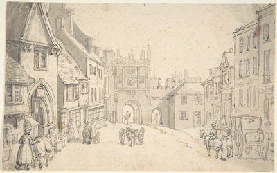 Vista de la ciudad con una puerta medieval (quizás York) de Thomas Rowlandson