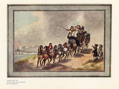 Carruaje y seis caballos con pasajeros y equipaje en el techo de Thomas Rowlandson