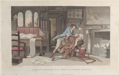 Conflicto entre Quae Genus y el abogado Gripe-all, de La historia de Johnny Q..., 1 de octubre de 1821 de Thomas Rowlandson