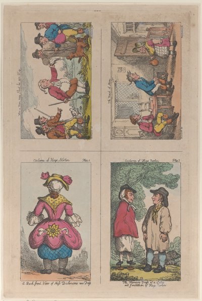 Traje de Hogs Norton, Cómo un hombre puede disparar su propia peluca, y La doncella de Mim, 1809 de Thomas Rowlandson