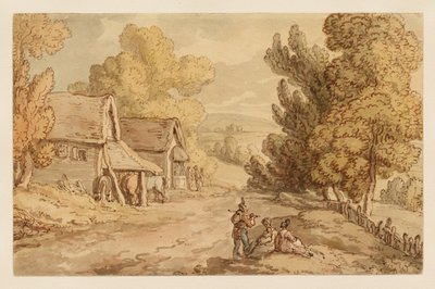 Cabaña y granero con figuras descansando al borde de un camino rural de Thomas Rowlandson
