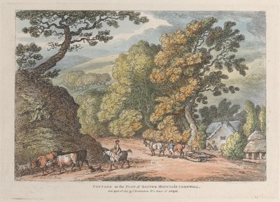 Cabaña al pie de la montaña Router Cornwall, de Vistas en Cornwall, 12 de abril de 1812 de Thomas Rowlandson