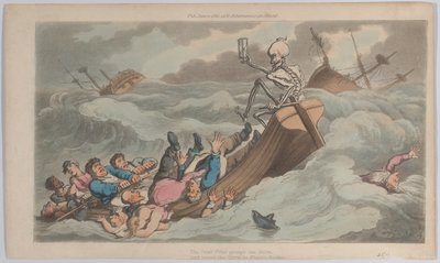 La muerte convertida en piloto de La danza inglesa de la muerte, vol. II, pl. 9, 1 de junio de 1815 de Thomas Rowlandson