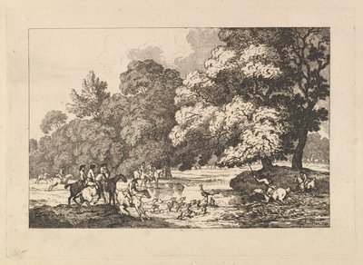 Caza del ciervo: una escena paisajística con un ciervo y sabuesos junto a un río de Thomas Rowlandson