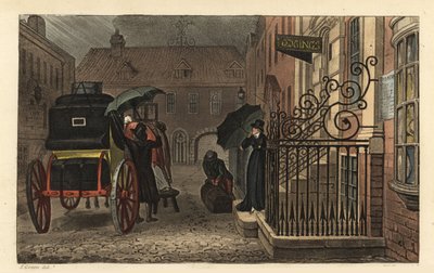 Partida: Turistas cargando equipaje en un carruaje frente a un hotel bajo la lluvia de Thomas Rowlandson