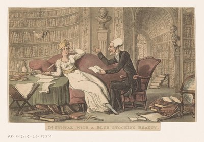 Doctor Sintaxis con una mujer en una biblioteca dr. Sintaxis con una belleza de calcetín azul (título en objeto) de Thomas Rowlandson