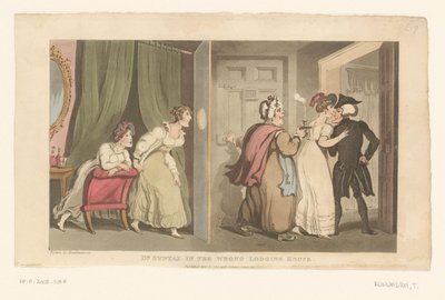 Dos mujeres acompañan al Doctor Syntax hasta una puerta de Thomas Rowlandson