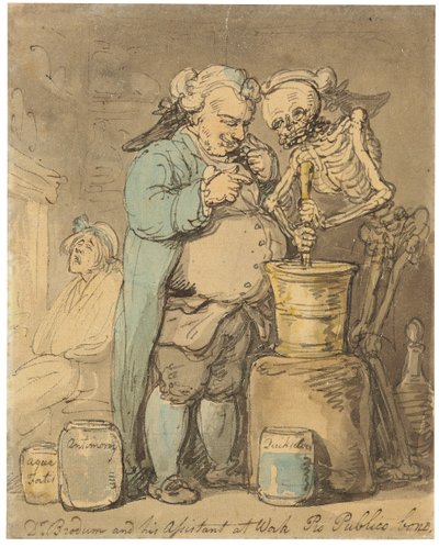 Dr. Brodum y su asistente como Trabajo Pro Bono Publico de Thomas Rowlandson