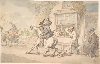 El Dr. Syntax con un caballo rebelde frente a una posada de Thomas Rowlandson