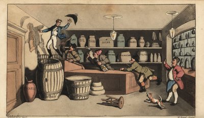Johnny borracho perseguido por vigilantes nocturnos en una tienda de comestibles a punto de caer en un barril de mantequilla. Grabado en cobre coloreado a mano por W. Read después de una ilustración de Thomas Rowlandson de Las Aventuras de Johnny Newcombe  de Thomas Rowlandson