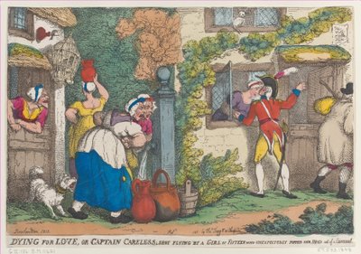 Muriendo por amor, o el Capitán Careless, disparado por una chica de quince años que apareció inesperadamente, 1810 de Thomas Rowlandson