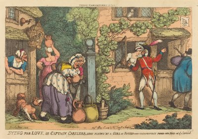Muriendo por amor, o el Capitán Careless disparado por una niña de quince años, que inesperadamente asomó su cabeza por una ventana de Thomas Rowlandson