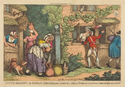 «Morir por amor», o «El capitán Careless, abatido por el disparo de una chica de quince años que, de improviso, asomó la cabeza por una ventana abatible» de Thomas Rowlandson