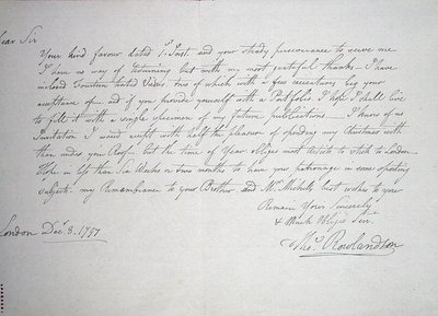 La carta más antigua conocida del artista a un Sr. Downs, un posible mecenas, 8 de diciembre de 1797 de Thomas Rowlandson