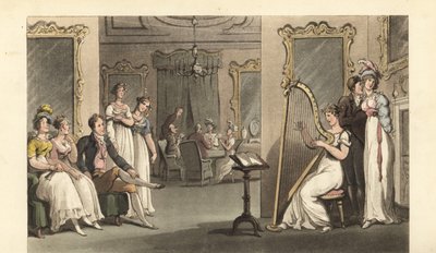 Caballero inglés y damas escuchando a un arpista en un baile de Thomas Rowlandson