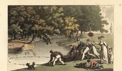 Caballero inglés y personal pescando en un río de Thomas Rowlandson