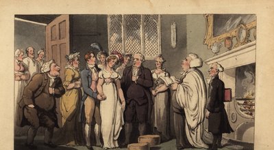 Caballero inglés casándose con su novia en una casa señorial de Thomas Rowlandson