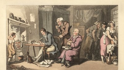 Caballero inglés escribiendo una carta de súplica en un salón decrépito de Thomas Rowlandson