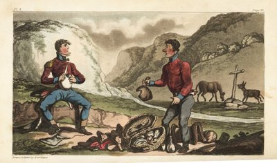 Alférez Johnny Newcome y su subalterno desayunando jamón, carne, galleta y brandy en un camino en Portugal de Thomas Rowlandson