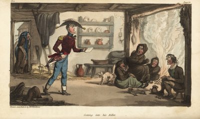 Alférez Johnny Newcome llegando a su boleto de Subalternter en Portugal, una choza con mendigos sucios. Grabado en cobre coloreado a mano dibujado y grabado por Thomas Rowlandson del libro Las aventuras militares de Johnny Newcome, de Martin, Londres de Thomas Rowlandson