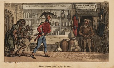 Alférez Johnny Newcome comprando suministros sobrevalorados en la tienda de Senor Cavigole en Lisboa, Portugal. Grabado en cobre coloreado a mano dibujado y grabado por Thomas Rowlandson del libro Las aventuras militares de Johnny Newcome, de Martin, Londr de Thomas Rowlandson